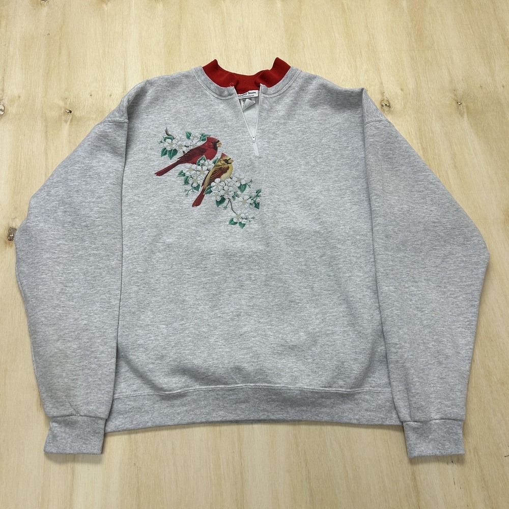 Country Store Sweatshirt Womens XL Gray Cardinal Floral Fleece Zip Pullover